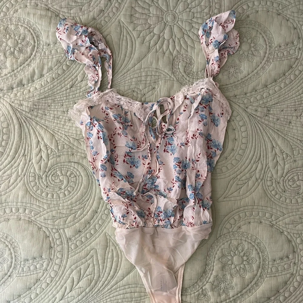 Free People Floral Lace Bodysuit - Cream and Blue